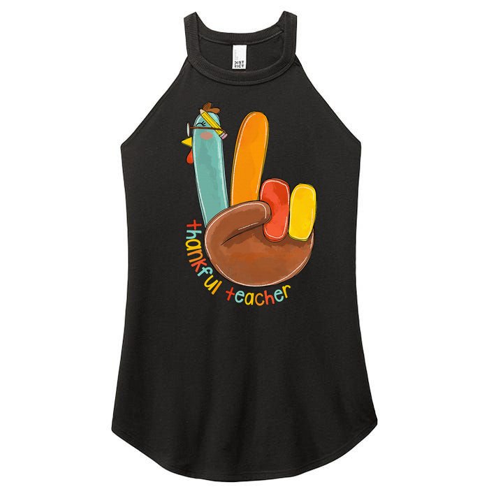 Thankful Teacher Funny Thanksgiving Peace Hand Sign Turkey Women's Perfect Tri Rocker Tank