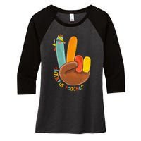 Thankful Teacher Funny Thanksgiving Peace Hand Sign Turkey Women's Tri-Blend 3/4-Sleeve Raglan Shirt