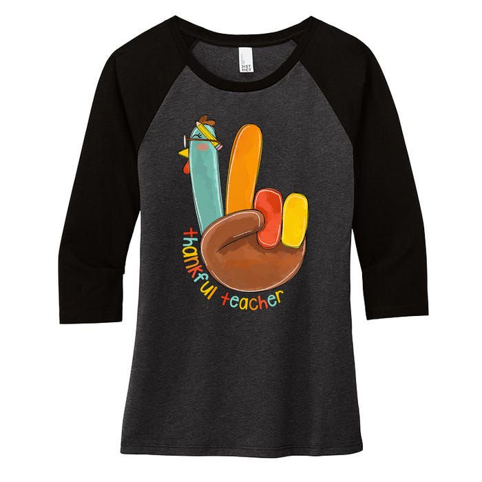 Thankful Teacher Funny Thanksgiving Peace Hand Sign Turkey Women's Tri-Blend 3/4-Sleeve Raglan Shirt