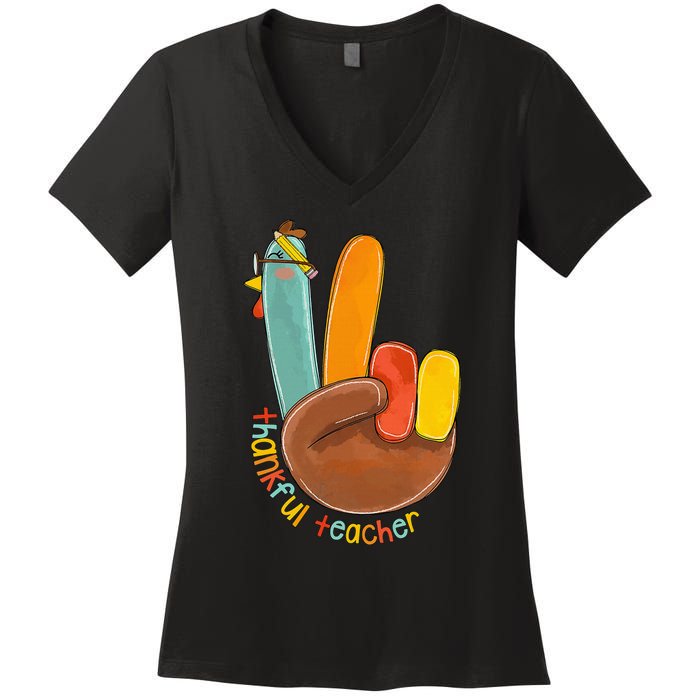 Thankful Teacher Funny Thanksgiving Peace Hand Sign Turkey Women's V-Neck T-Shirt