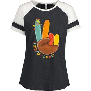 Thankful Teacher Funny Thanksgiving Peace Hand Sign Turkey Enza Ladies Jersey Colorblock Tee