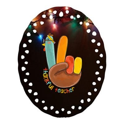 Thankful Teacher Funny Thanksgiving Peace Hand Sign Turkey Ceramic Oval Ornament