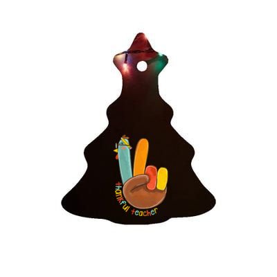 Thankful Teacher Funny Thanksgiving Peace Hand Sign Turkey Ceramic Tree Ornament