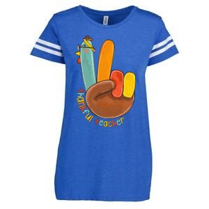 Thankful Teacher Funny Thanksgiving Peace Hand Sign Turkey Enza Ladies Jersey Football T-Shirt