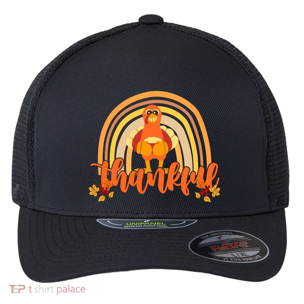 Thankful Turkey Fall Rainbow Thanksgiving Flexfit Unipanel Trucker Cap