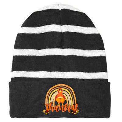 Thankful Turkey Fall Rainbow Thanksgiving Striped Beanie with Solid Band