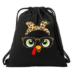 Thanksgiving Turkey Face Leopard Print Glasses Drawstring Bag