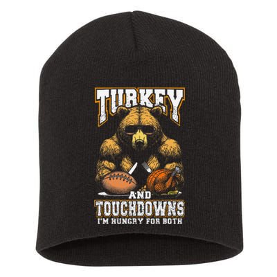 Turkey & Touchdowns Funny Thanksgiving Hungry Bear Football Short Acrylic Beanie