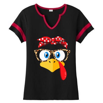 Thanksgiving Turkey Face Leopard Print Glasses Ladies Halftime Notch Neck Tee