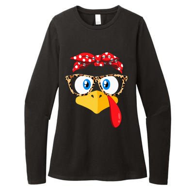 Thanksgiving Turkey Face Leopard Print Glasses Womens CVC Long Sleeve Shirt