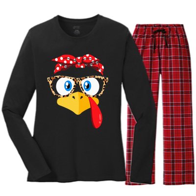 Thanksgiving Turkey Face Leopard Print Glasses Women's Long Sleeve Flannel Pajama Set 