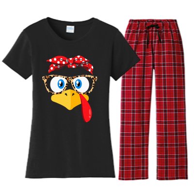 Thanksgiving Turkey Face Leopard Print Glasses Women's Flannel Pajama Set