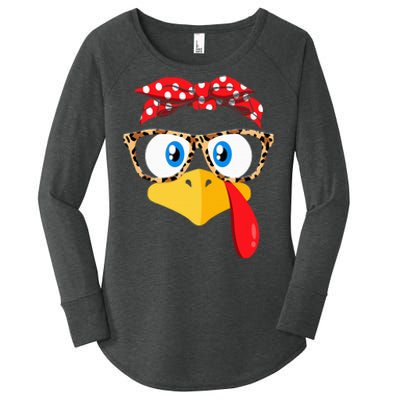 Thanksgiving Turkey Face Leopard Print Glasses Women's Perfect Tri Tunic Long Sleeve Shirt