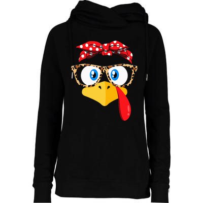 Thanksgiving Turkey Face Leopard Print Glasses Womens Funnel Neck Pullover Hood