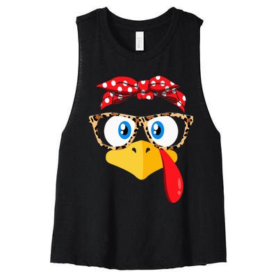 Thanksgiving Turkey Face Leopard Print Glasses Women's Racerback Cropped Tank