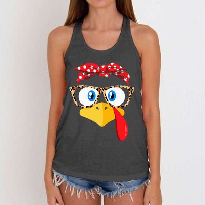 Thanksgiving Turkey Face Leopard Print Glasses Women's Knotted Racerback Tank