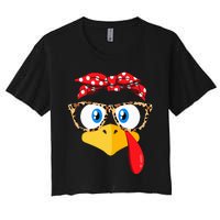 Thanksgiving Turkey Face Leopard Print Glasses Women's Crop Top Tee