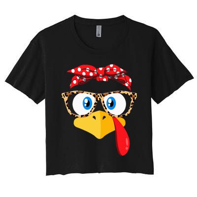 Thanksgiving Turkey Face Leopard Print Glasses Women's Crop Top Tee