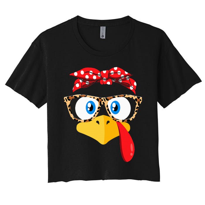 Thanksgiving Turkey Face Leopard Print Glasses Women's Crop Top Tee