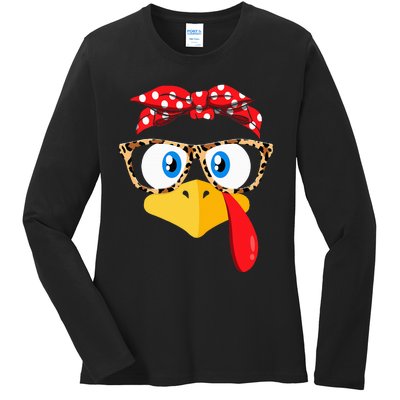 Thanksgiving Turkey Face Leopard Print Glasses Ladies Long Sleeve Shirt