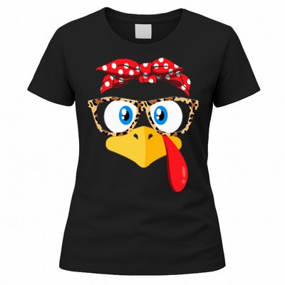 Thanksgiving Turkey Face Leopard Print Glasses Women's T-Shirt