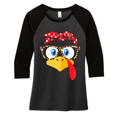 Thanksgiving Turkey Face Leopard Print Glasses Women's Tri-Blend 3/4-Sleeve Raglan Shirt