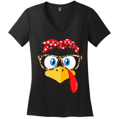 Thanksgiving Turkey Face Leopard Print Glasses Women's V-Neck T-Shirt