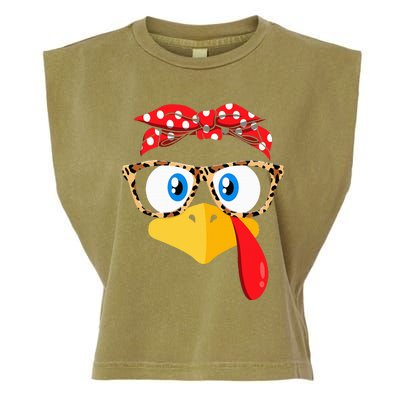 Thanksgiving Turkey Face Leopard Print Glasses Garment-Dyed Women's Muscle Tee