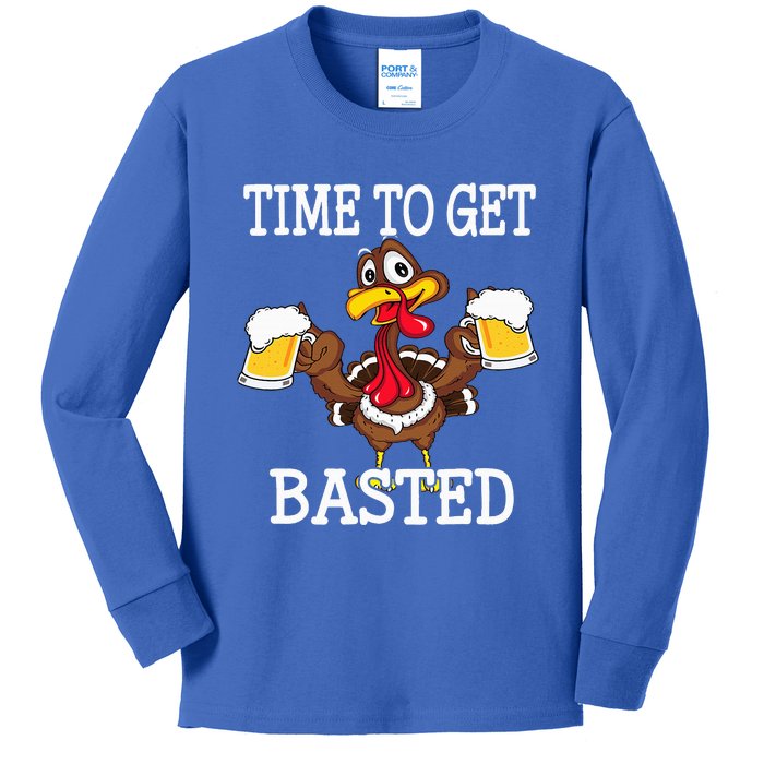 Thanksgiving Turkey Funny Time To Get Basted Beer Kids Long Sleeve Shirt