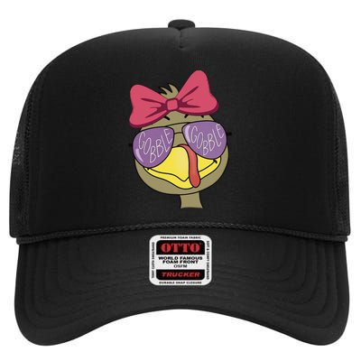 Thanksgiving Turkey Face With Gobble Sunglasses & Bow High Crown Mesh Back Trucker Hat