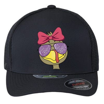 Thanksgiving Turkey Face With Gobble Sunglasses & Bow Flexfit Unipanel Trucker Cap