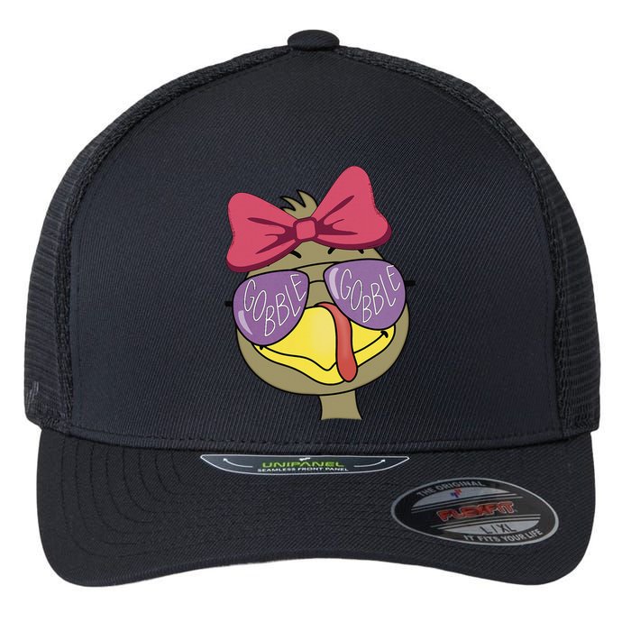 Thanksgiving Turkey Face With Gobble Sunglasses & Bow Flexfit Unipanel Trucker Cap