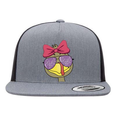 Thanksgiving Turkey Face With Gobble Sunglasses & Bow Flat Bill Trucker Hat