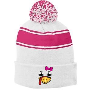 Thanksgiving Turkey Face Funny Bow Stripe Pom Pom Beanie