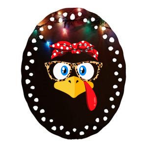 Thanksgiving Turkey Face Leopard Glasses Ceramic Oval Ornament