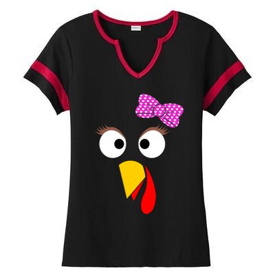 Thanksgiving Turkey Face Girl Ribbon Gift Ladies Halftime Notch Neck Tee