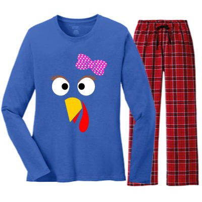 Thanksgiving Turkey Face Girl Ribbon Gift Women's Long Sleeve Flannel Pajama Set 