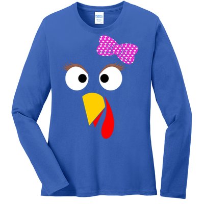 Thanksgiving Turkey Face Girl Ribbon Gift Ladies Long Sleeve Shirt