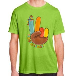 Thankful Teacher Funny Thanksgiving Peace Hand Sign Turkey Adult ChromaSoft Performance T-Shirt