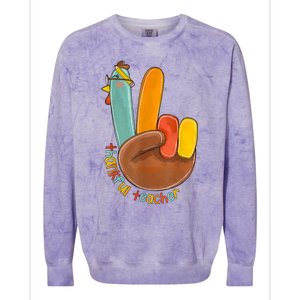 Thankful Teacher Funny Thanksgiving Peace Hand Sign Turkey Colorblast Crewneck Sweatshirt