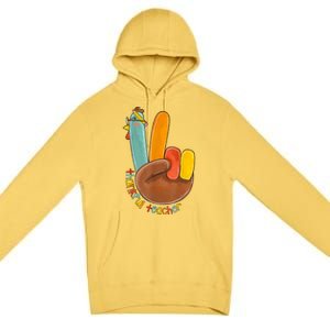 Thankful Teacher Funny Thanksgiving Peace Hand Sign Turkey Premium Pullover Hoodie