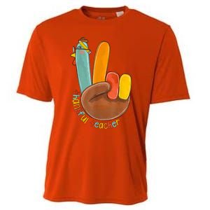 Thankful Teacher Funny Thanksgiving Peace Hand Sign Turkey Cooling Performance Crew T-Shirt