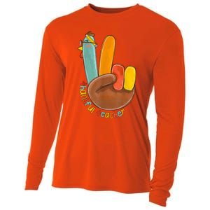 Thankful Teacher Funny Thanksgiving Peace Hand Sign Turkey Cooling Performance Long Sleeve Crew