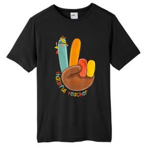 Thankful Teacher Funny Thanksgiving Peace Hand Sign Turkey Tall Fusion ChromaSoft Performance T-Shirt