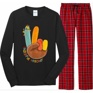 Thankful Teacher Funny Thanksgiving Peace Hand Sign Turkey Long Sleeve Pajama Set