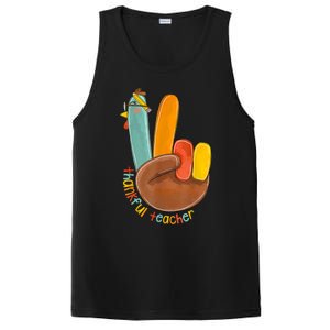 Thankful Teacher Funny Thanksgiving Peace Hand Sign Turkey PosiCharge Competitor Tank