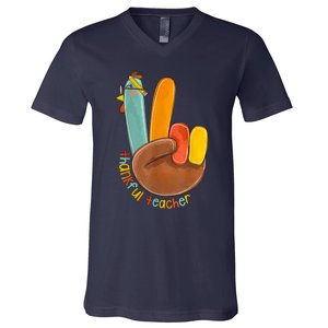 Thankful Teacher Funny Thanksgiving Peace Hand Sign Turkey V-Neck T-Shirt