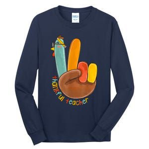 Thankful Teacher Funny Thanksgiving Peace Hand Sign Turkey Tall Long Sleeve T-Shirt