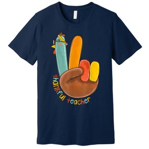 Thankful Teacher Funny Thanksgiving Peace Hand Sign Turkey Premium T-Shirt