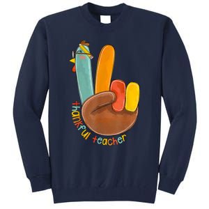 Thankful Teacher Funny Thanksgiving Peace Hand Sign Turkey Tall Sweatshirt